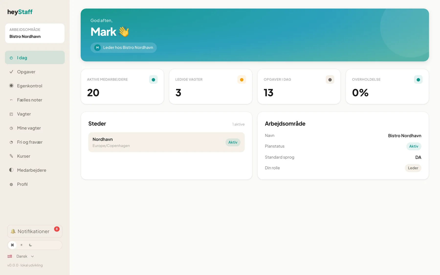 Dashboard med sidemenu til venstre og dagens tal i midten