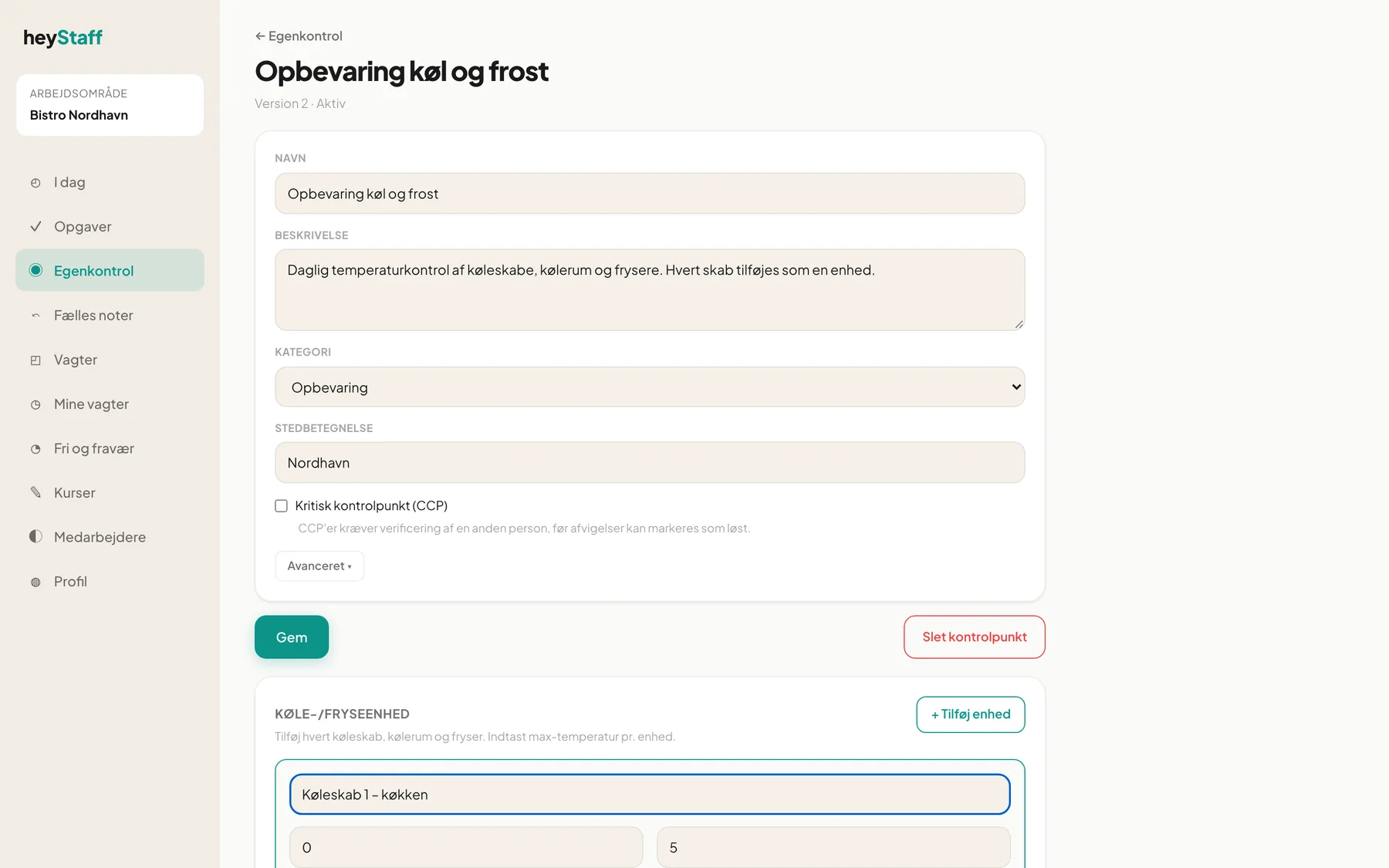 Redigering af en enhed på kontrolpunktet