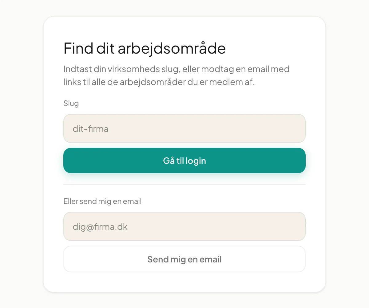 Siden Find dit arbejdsområde med slug og e-mail