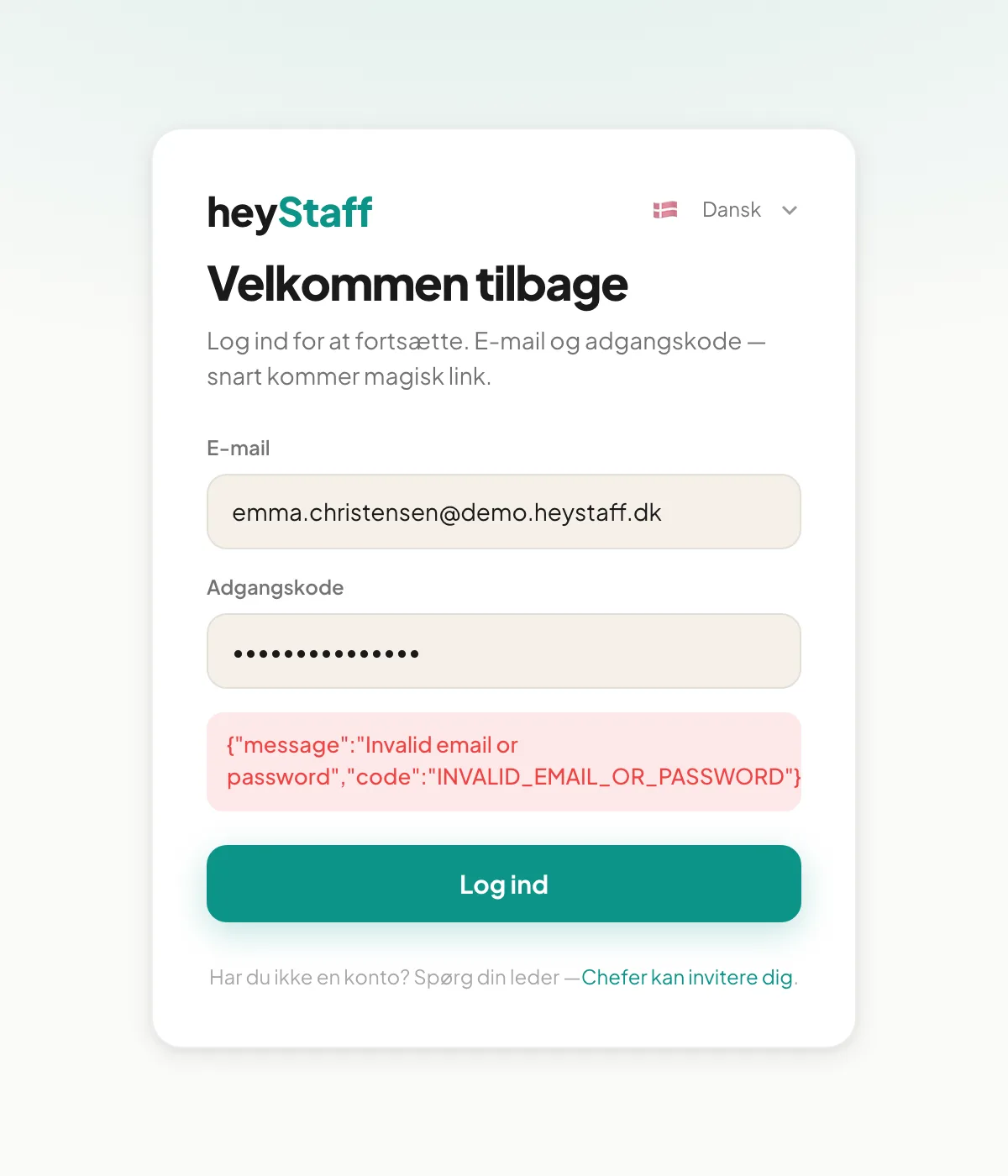 Fejlbesked på loginsiden efter forkert adgangskode
