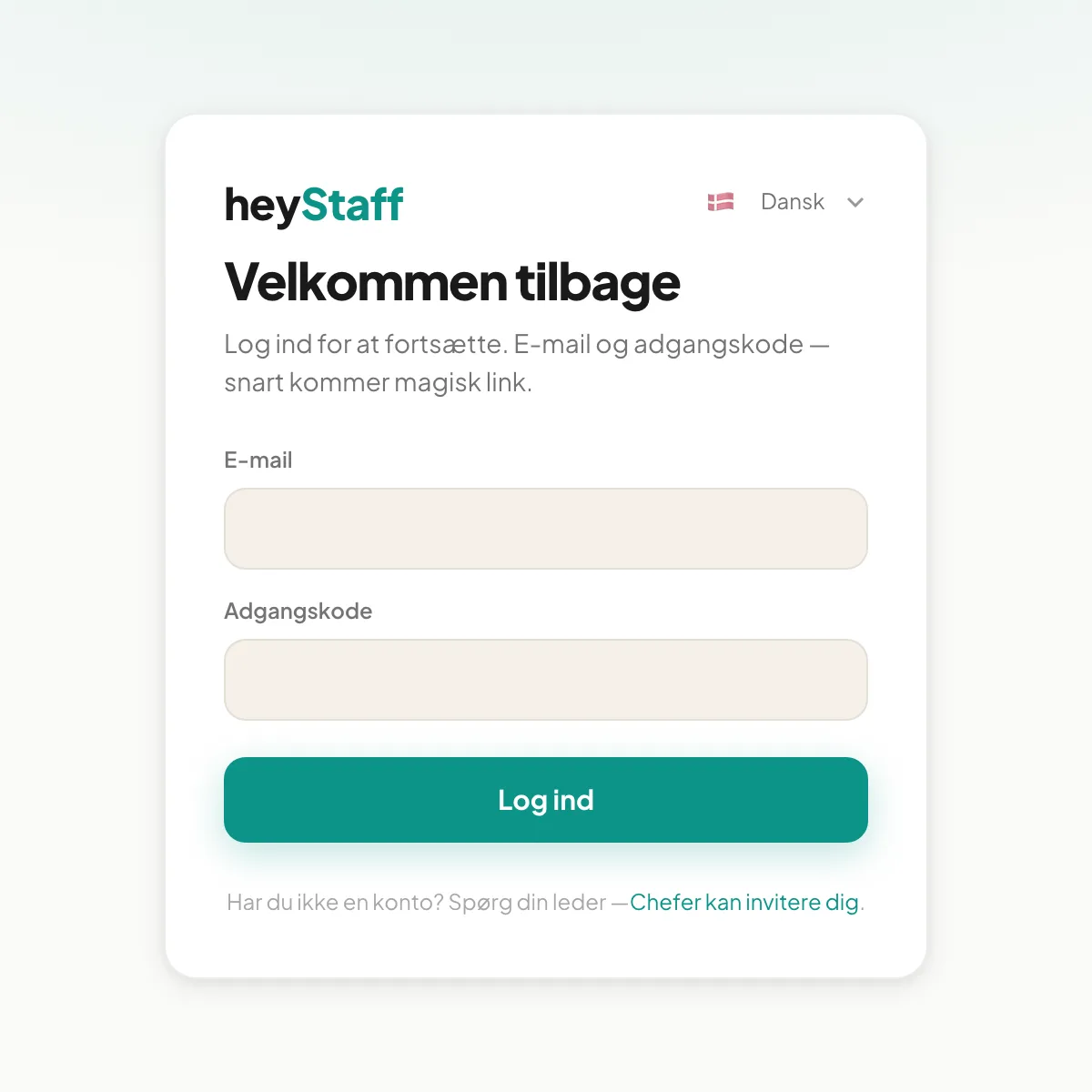 Loginsiden med felter til e-mail og adgangskode