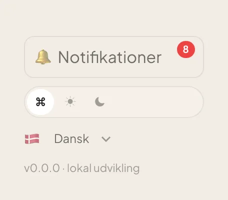 Notifikationer, tema og sprog nederst i menuen