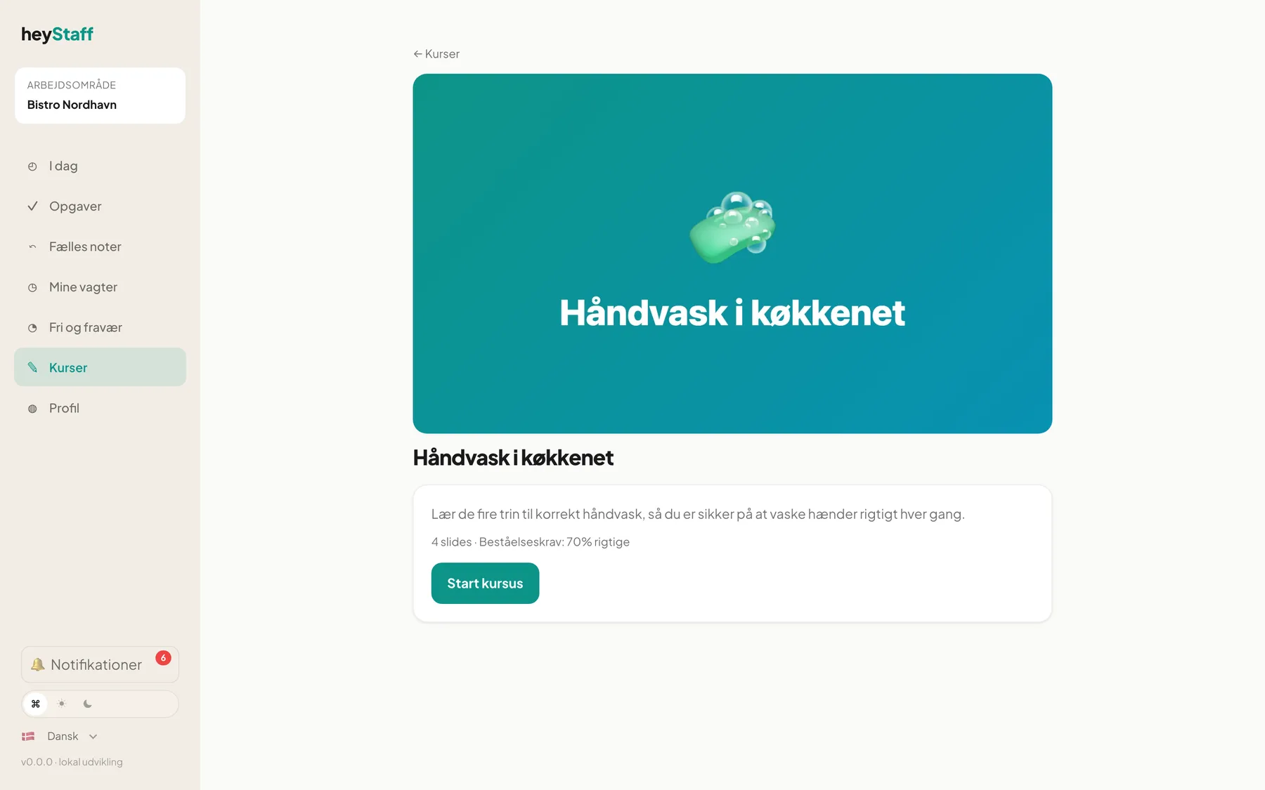 Kursusside med beskrivelse og Start kursus
