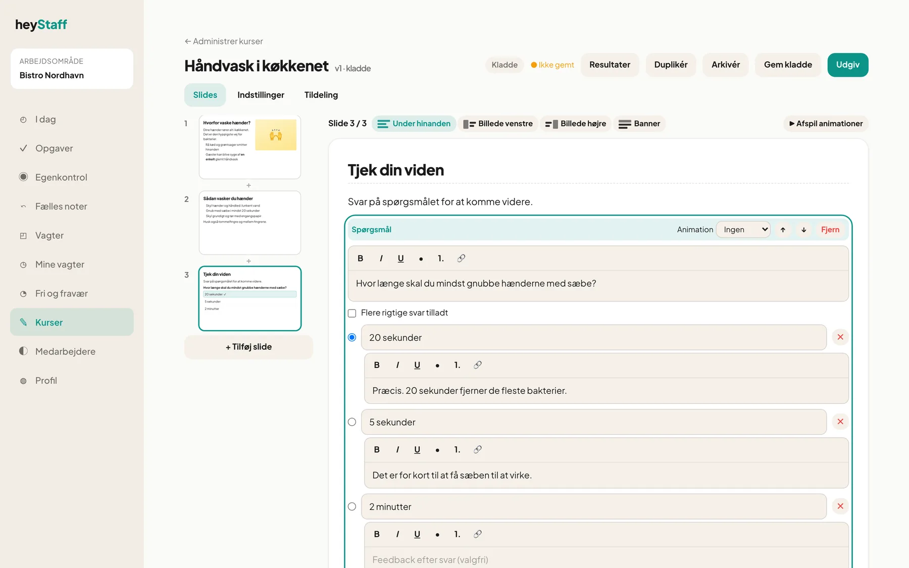 Spørgsmål med svarmuligheder og feedback