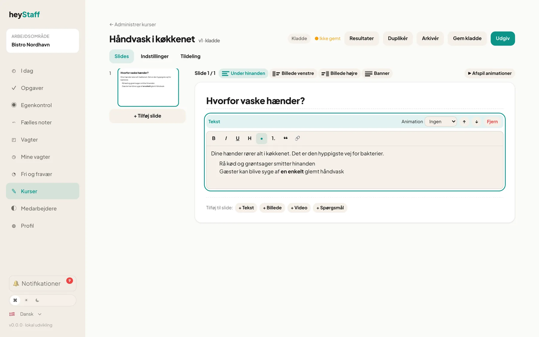 Rig tekst i et tekstfelt med værktøjslinje
