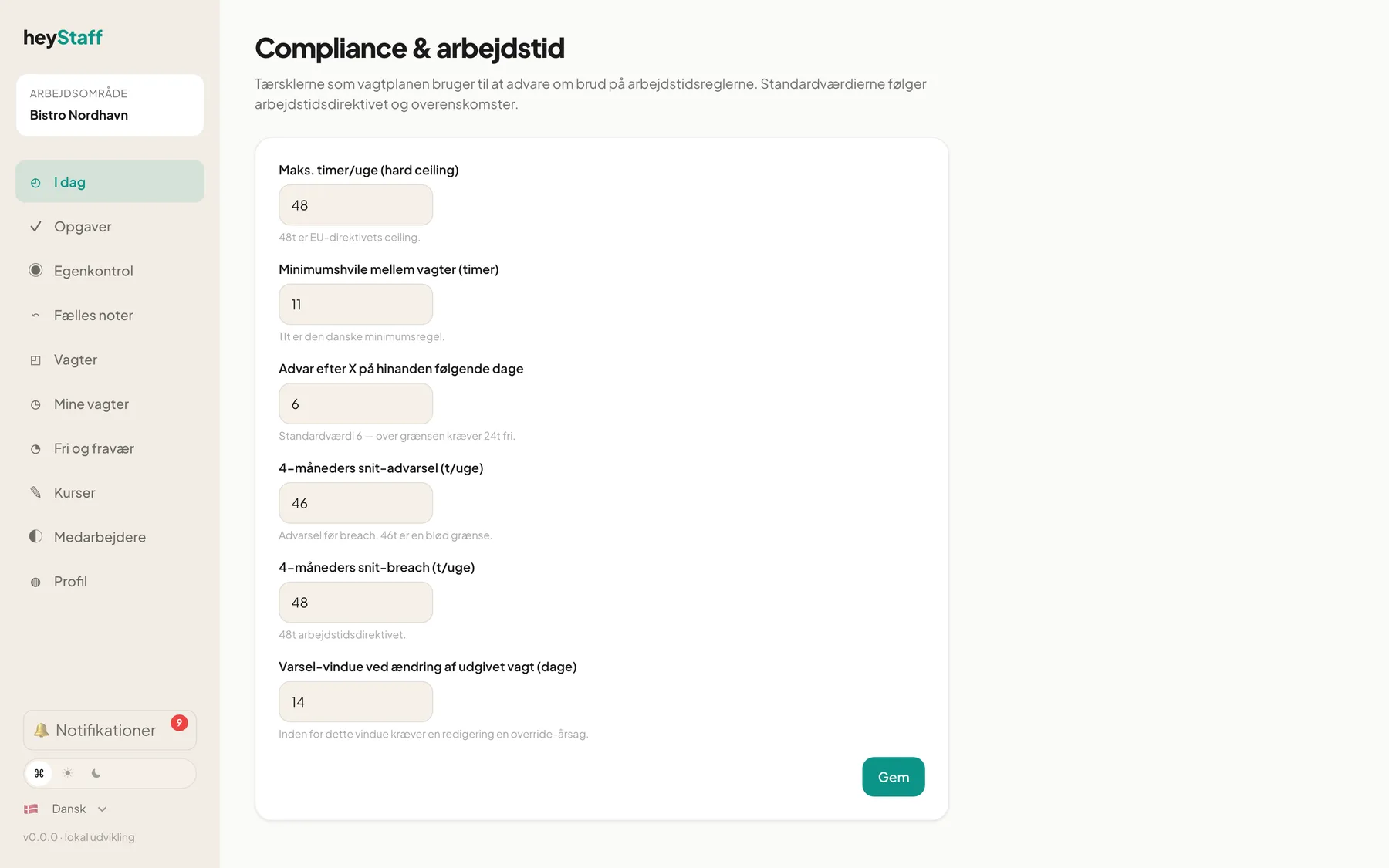 The Compliance & arbejdstid page with default values