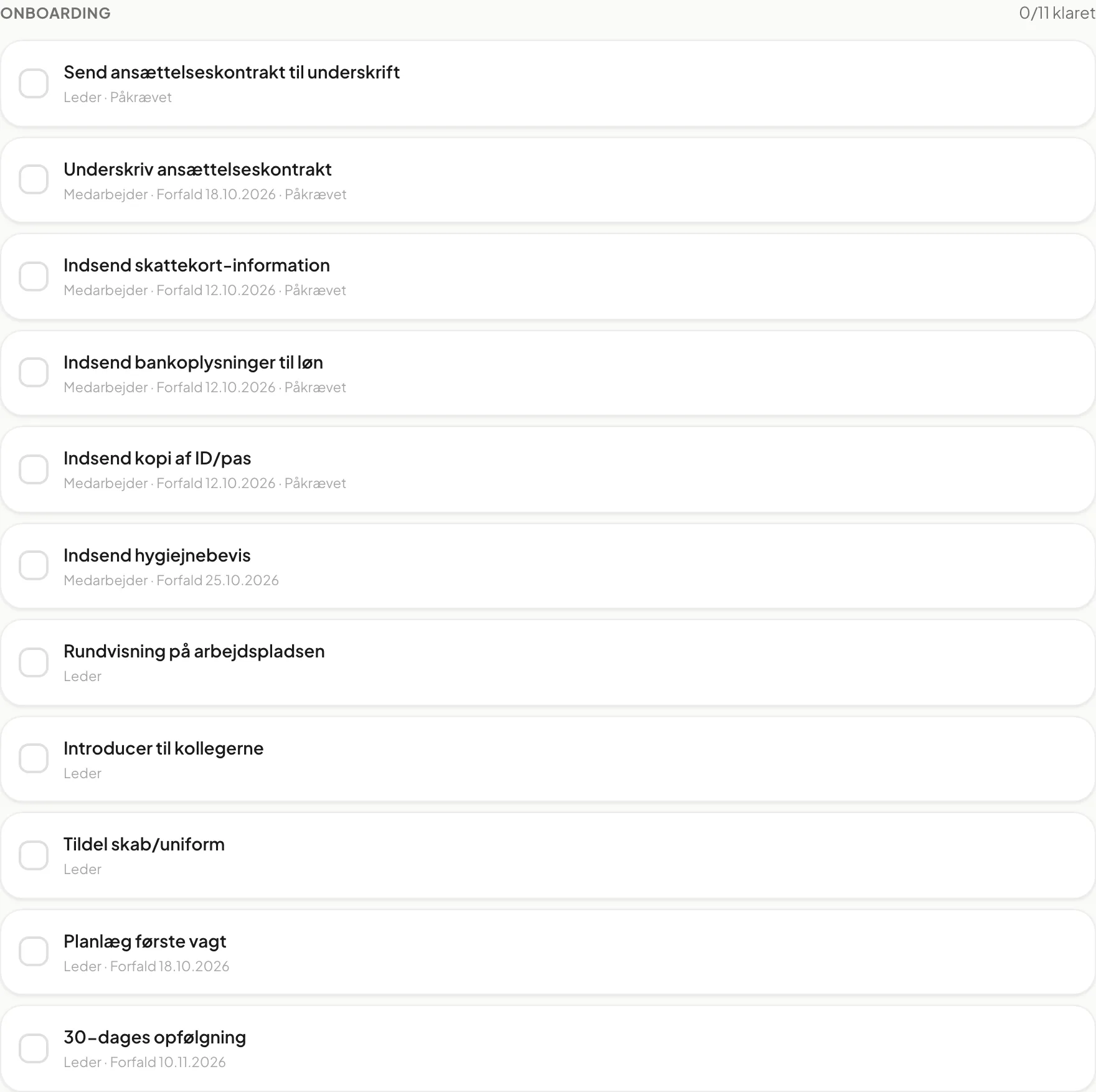 Onboarding-opgaver på en medarbejder