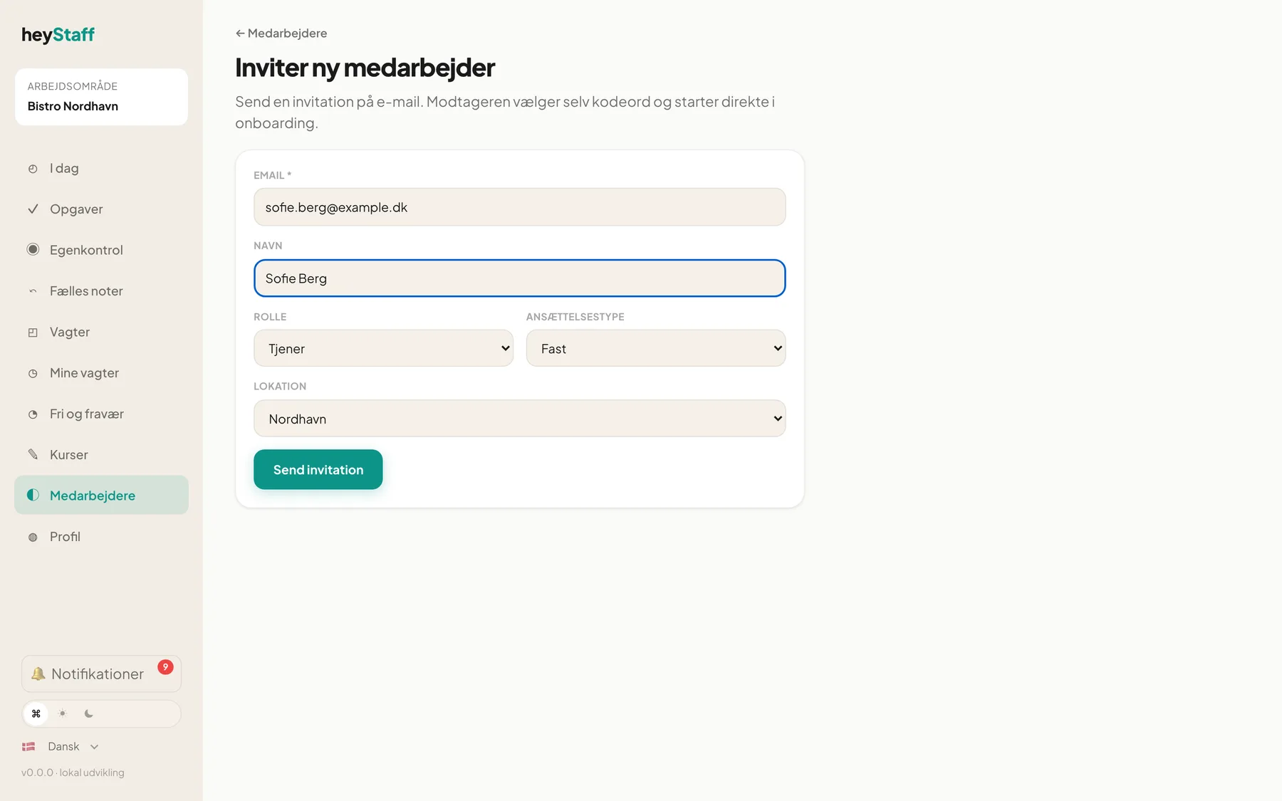 Formularen Inviter ny medarbejder udfyldt med Sofie Berg