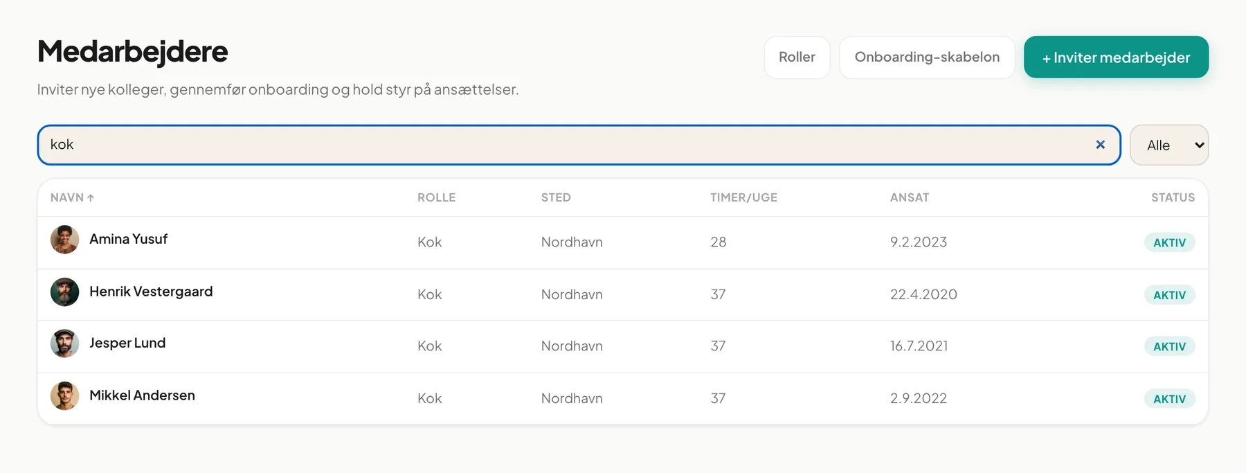 Listen indsnævret med søgeordet kok