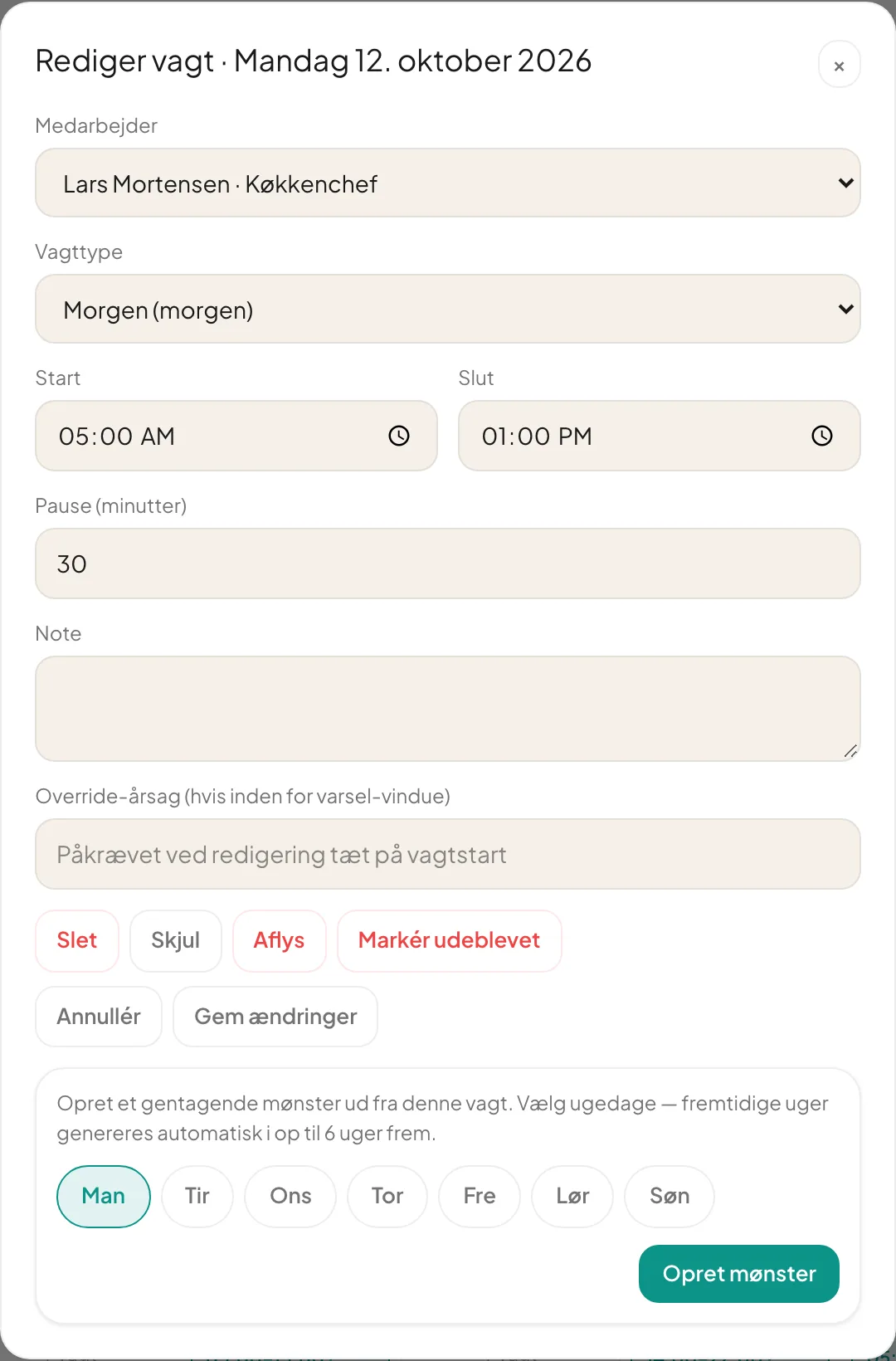 Valg af ugedage for et gentagende mønster