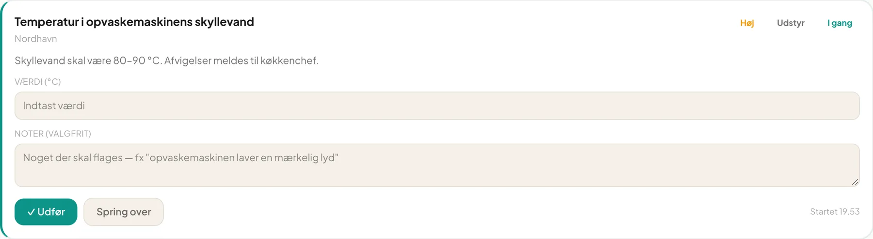 Task card after starting with value and notes fields