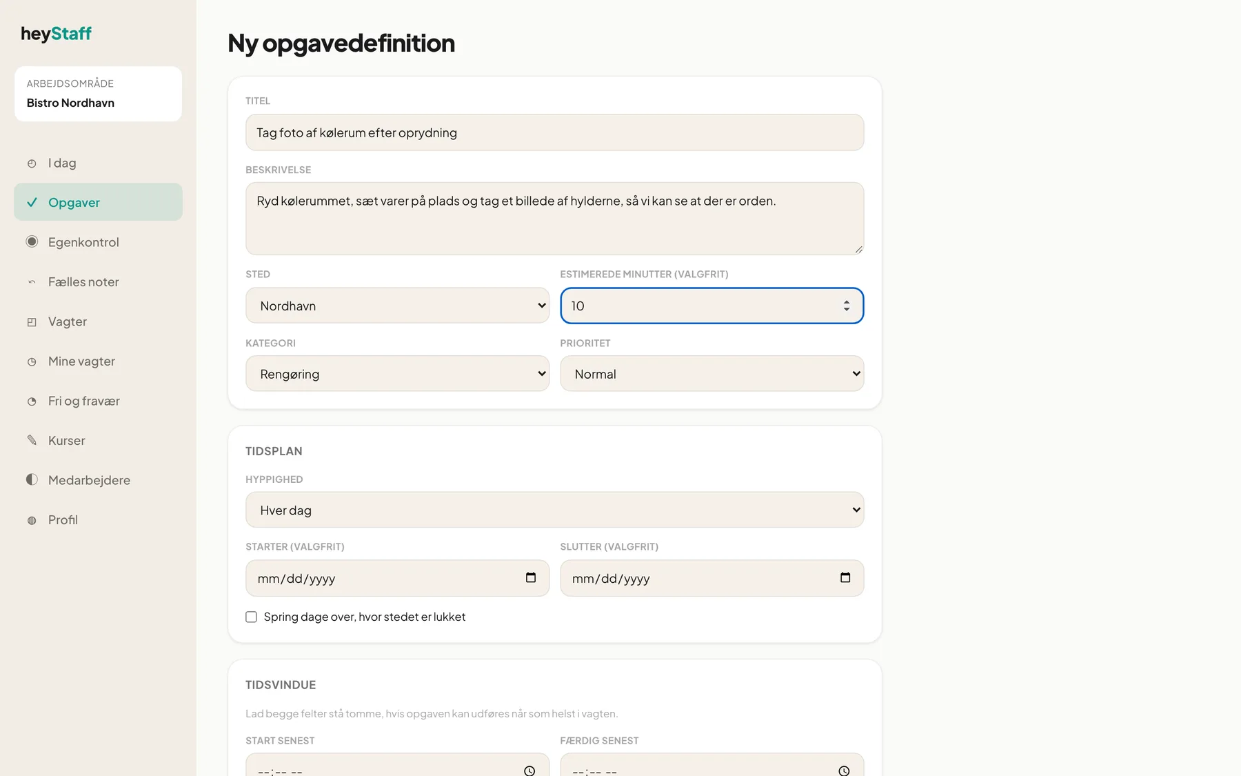 Ny opgavedefinition udfyldt med grundoplysninger
